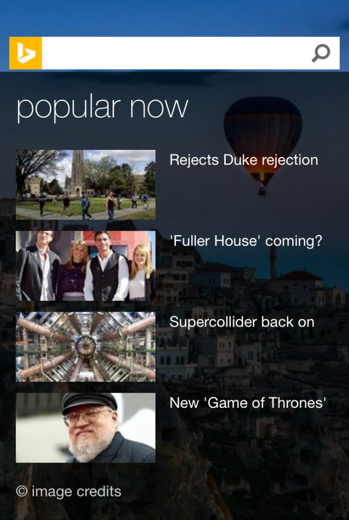 Bing Mobile Homepage - Popular Now Card