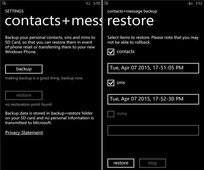 Contacts+Messages Backup Screen