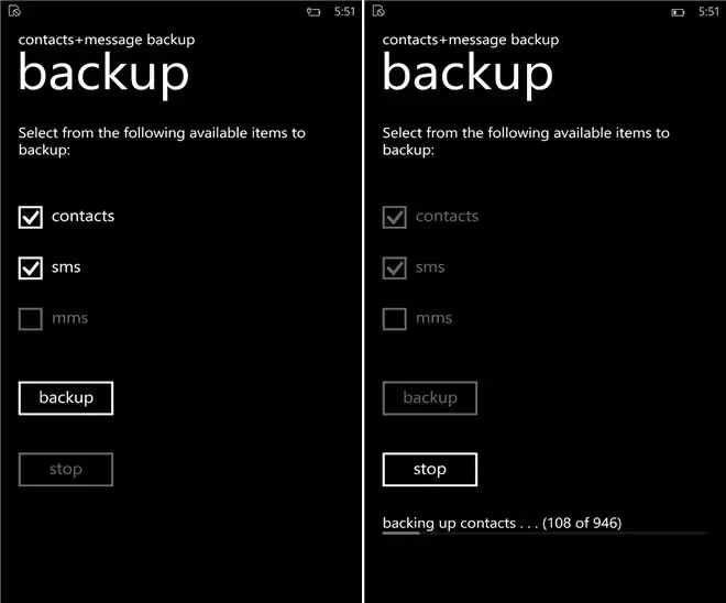 Contacts+Messages Backup Screen