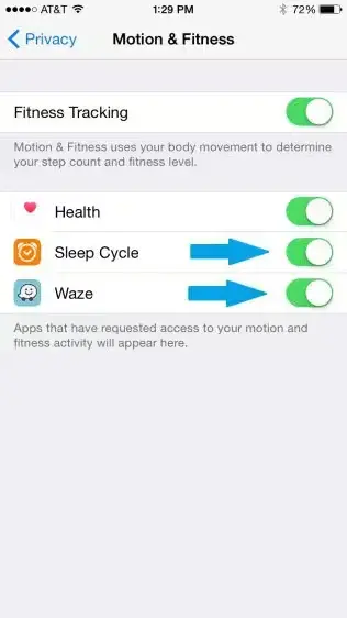 iPhone - Motion & Fitness Settings - List Of App Having Access Enabled